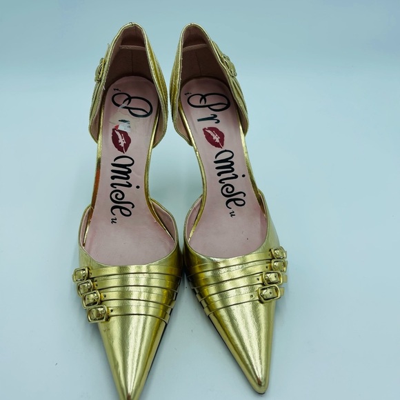 Chrome Gold Metallic Shiny Buckle Pointed Toe Stilettos - Picture 2 of 8